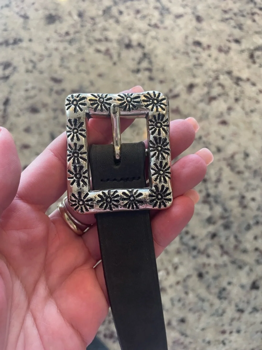 Express Black Leather Belt with Floral Silver Buckle